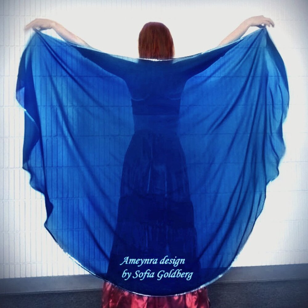 Blue Chiffon Veil for Belly Dance. With silver sequins! Half Circle. New